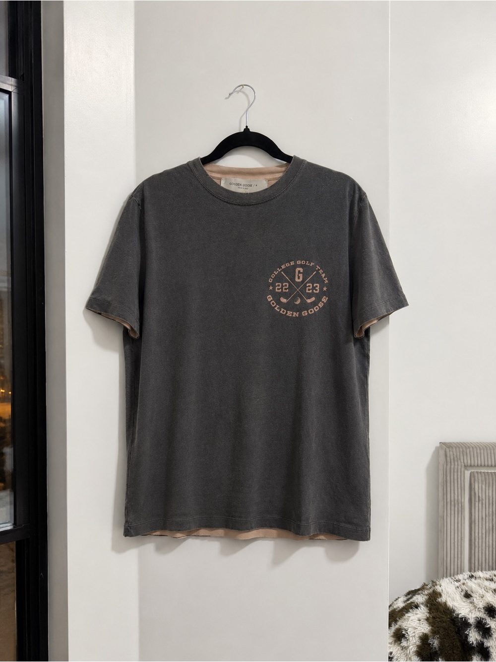 Golden Goose Charcoal Gray Short‑Sleeve Logo Tee with Beige Accent